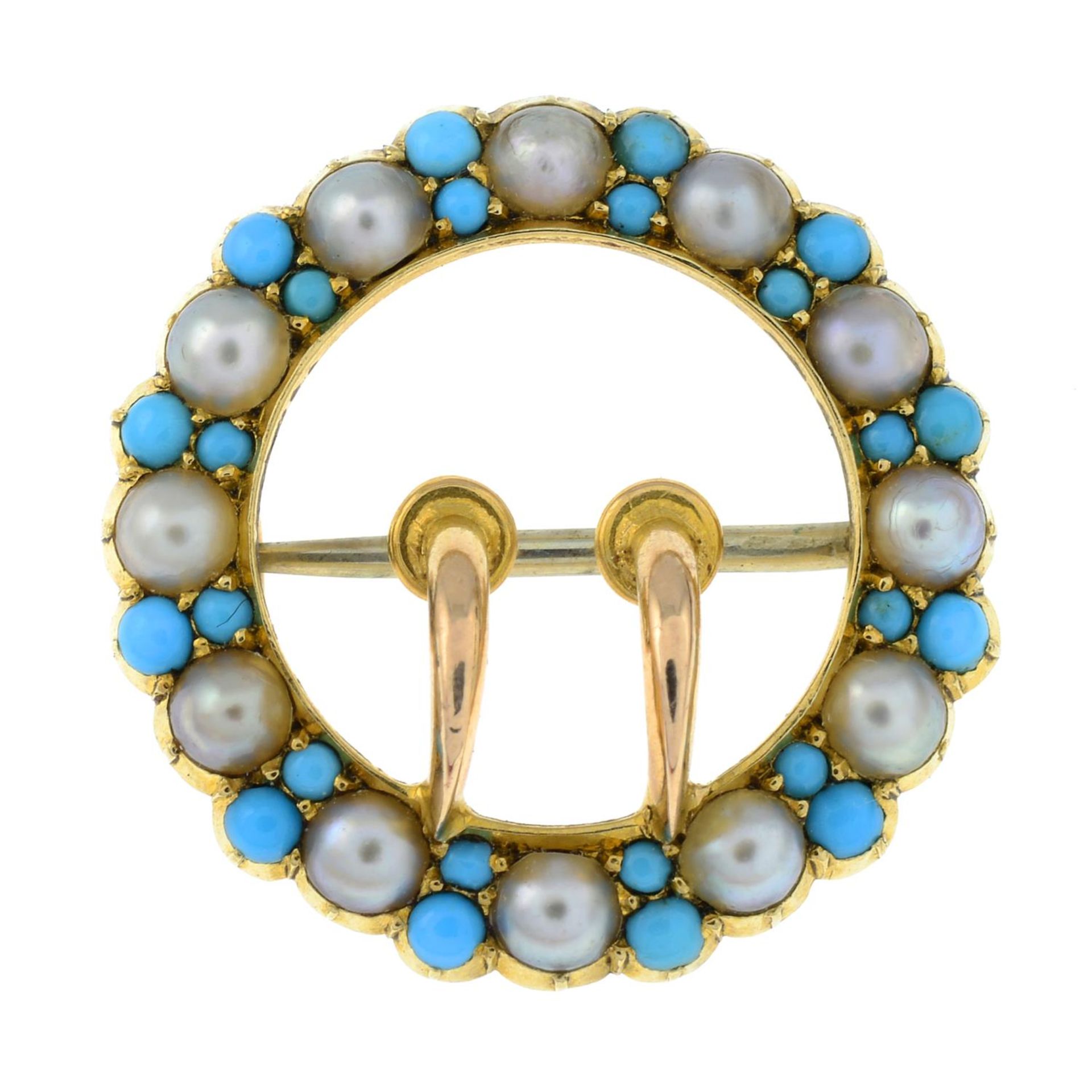 An early 20th century gold turquoise and split pearl buckle brooch.Length 2cms.
