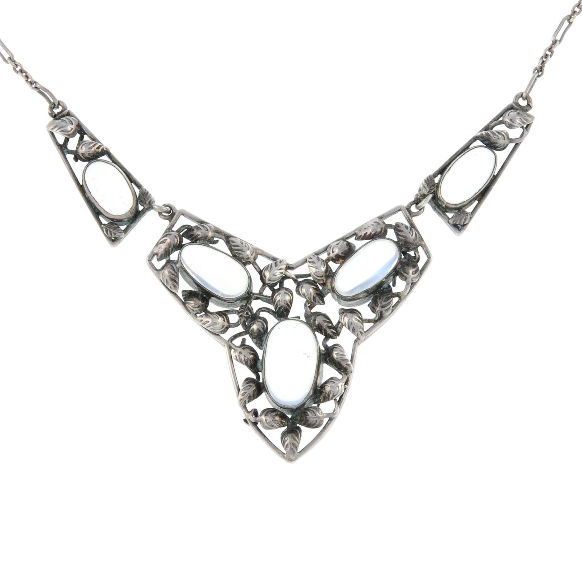 An Arts and Crafts silver moonstone necklace, attributed to Bernard Instone.Length 42cms.