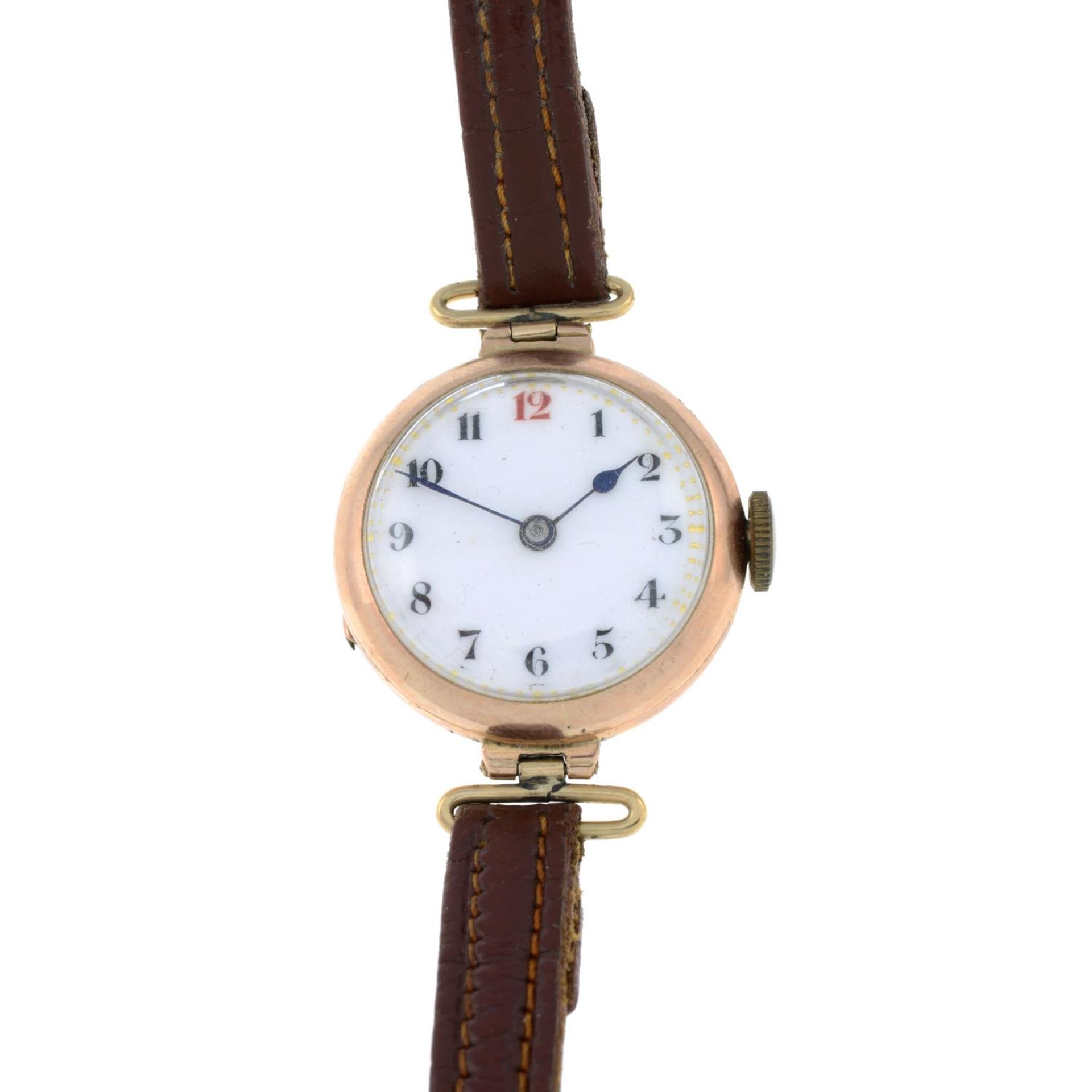 A lady's early 20th century gold and enamel wrist watch, with strap replacement.