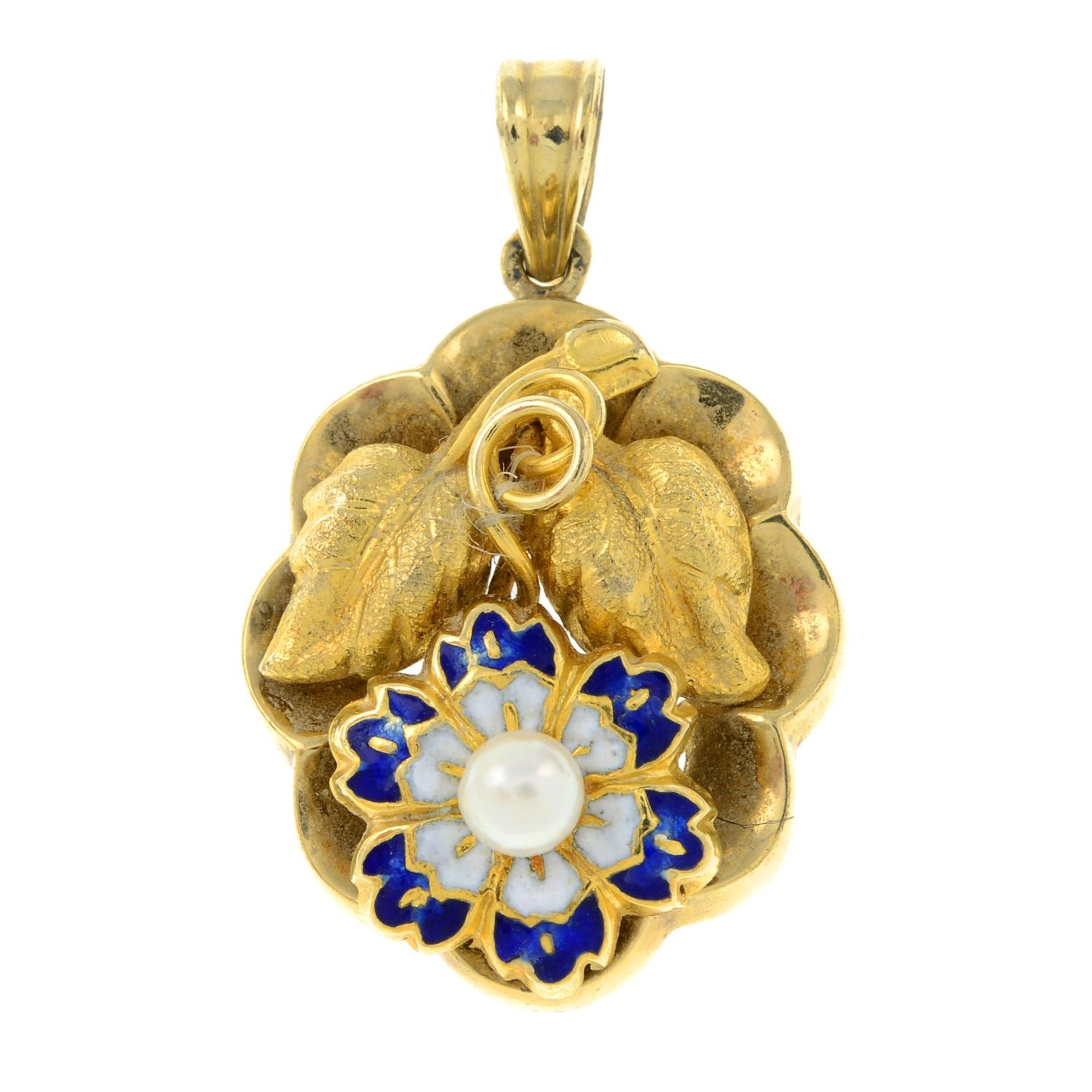 An early 20th century 9ct gold cultured pearl and enamel floral and foliate pendant.Later hallmarks