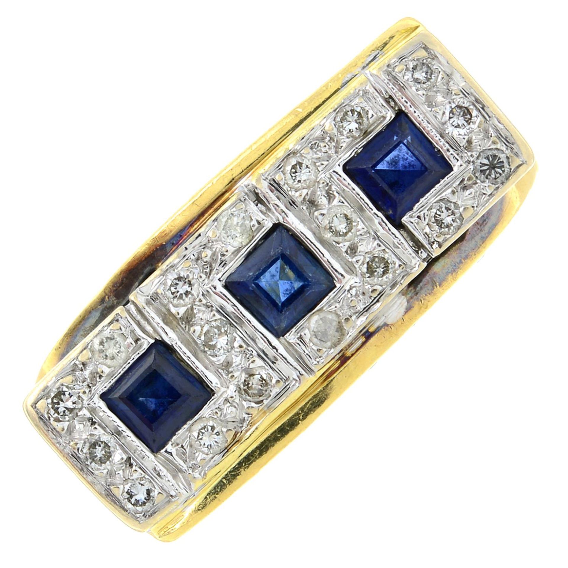 A sapphire and diamond ring.Estimated total diamond weight 0.30ct.