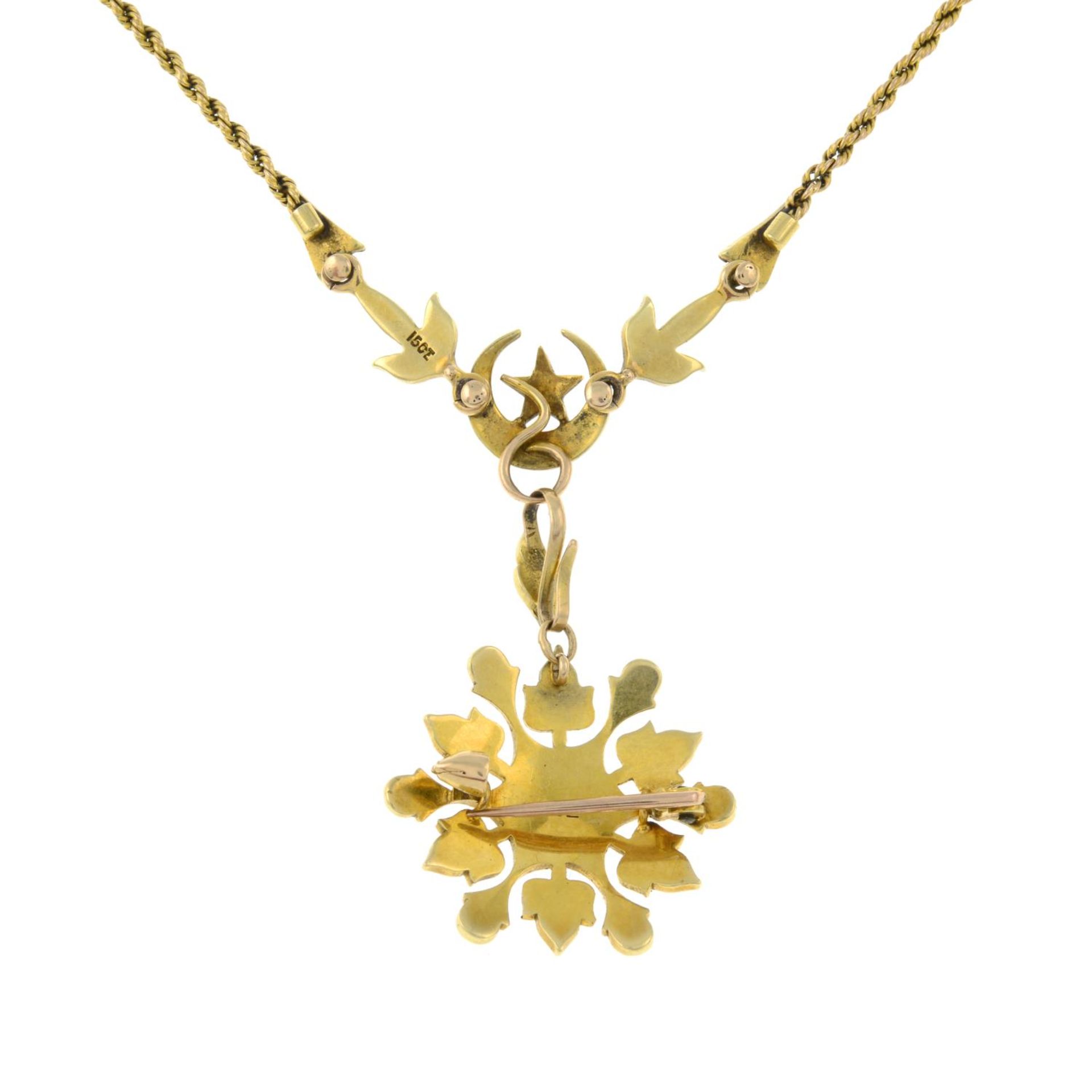 A late 19th century 15ct gold split pearl floral pendant, - Image 3 of 3