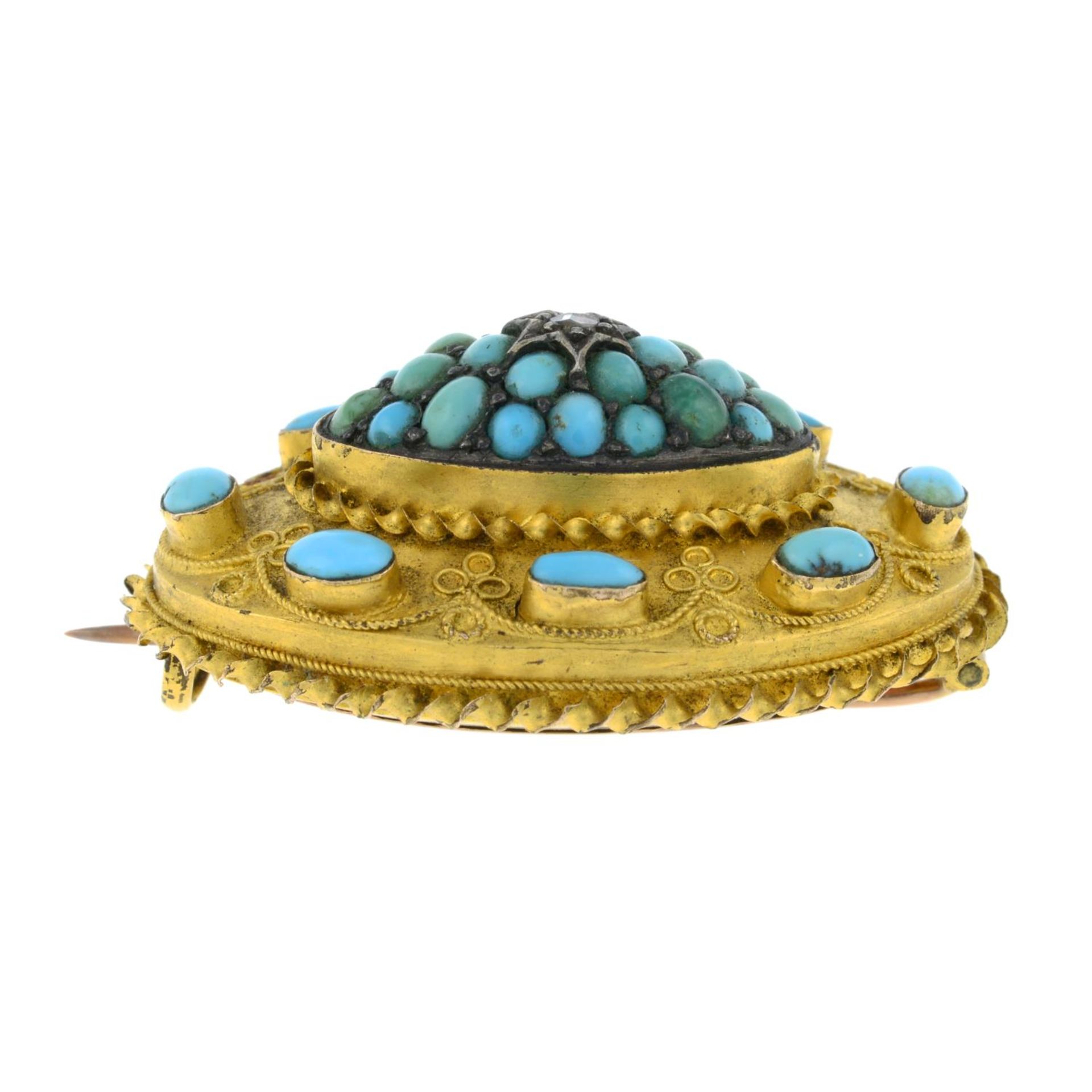 A late 19th century 15ct gold turquoise and diamond brooch, with cannetille detail.Stamped 15CT. - Bild 3 aus 3