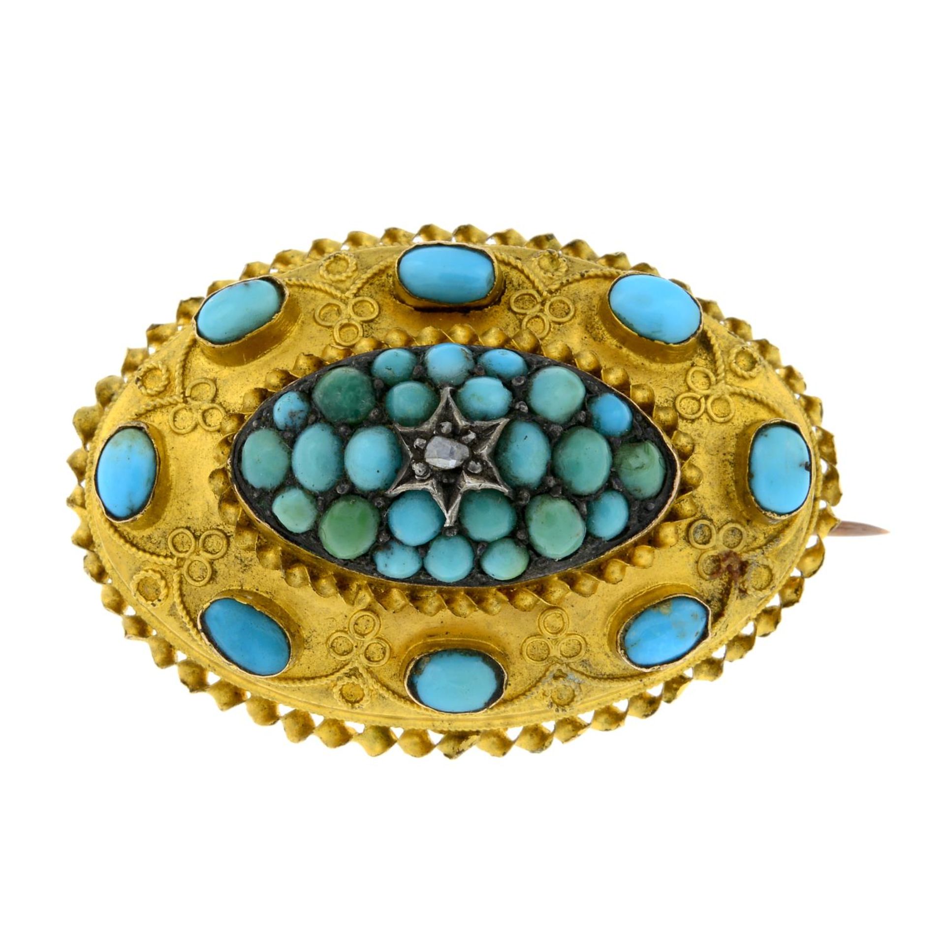 A late 19th century 15ct gold turquoise and diamond brooch, with cannetille detail.Stamped 15CT.
