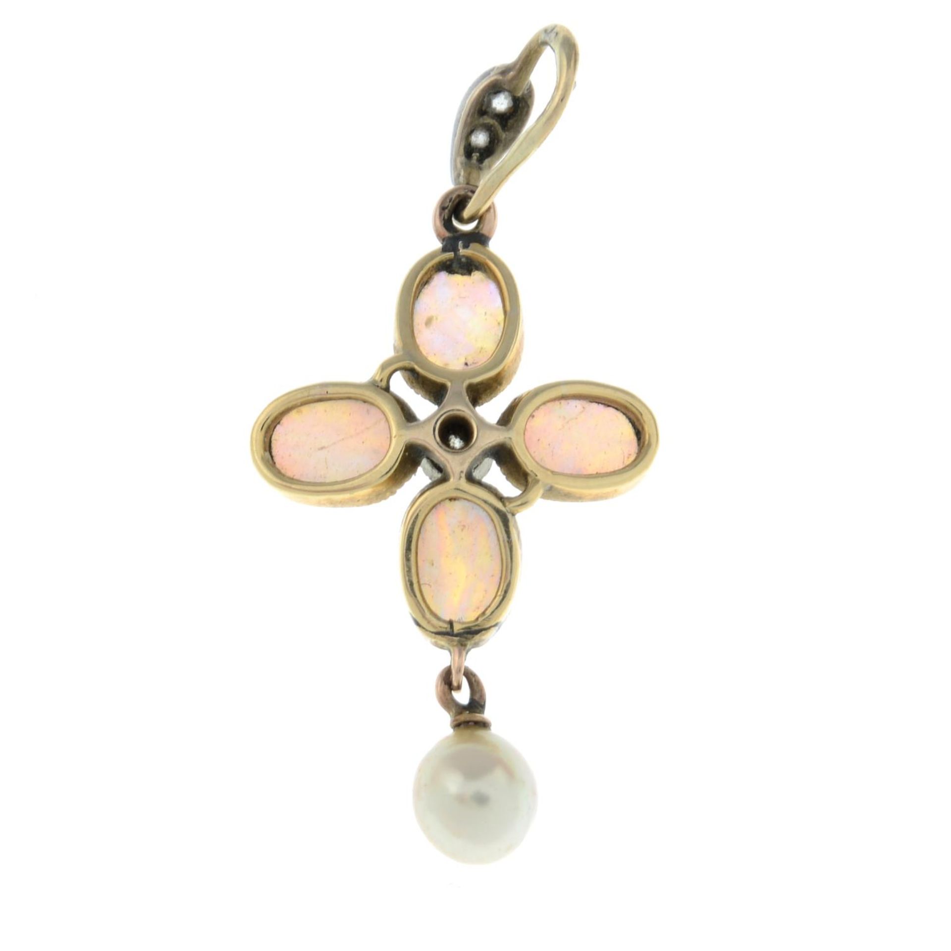 An early 20th century gold opal, old-cut diamond and cultured pearl drop pendant.Length 3.6cms. - Bild 2 aus 2