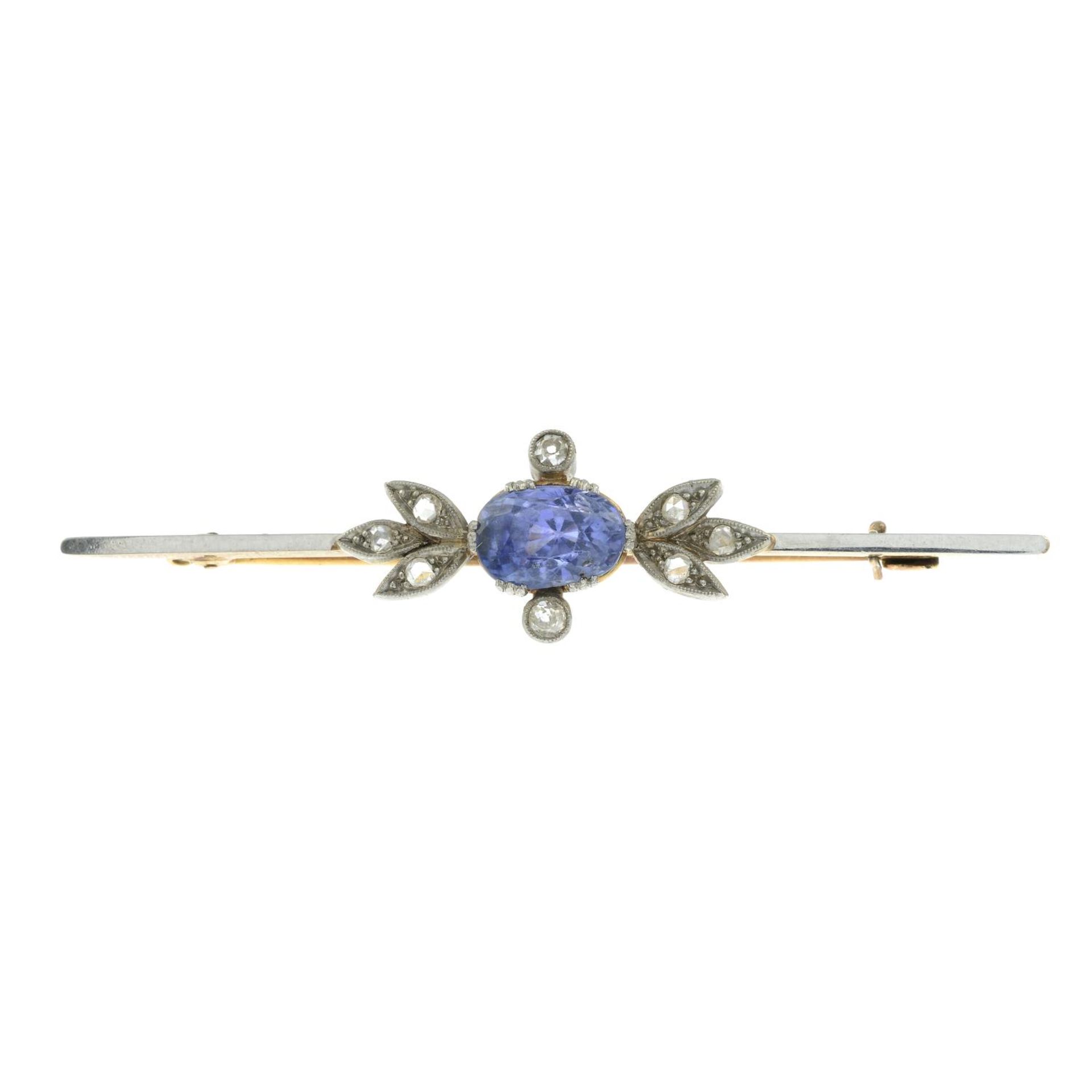 An early 20th century sapphire and vari-cut diamond brooch.Sapphire calculated weight 2.18cts,