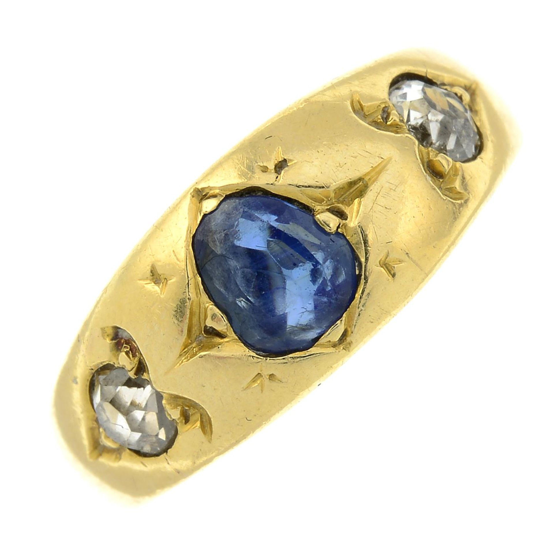 A late Victorian 18ct gold old-cut diamond and sapphire three-stone ring.