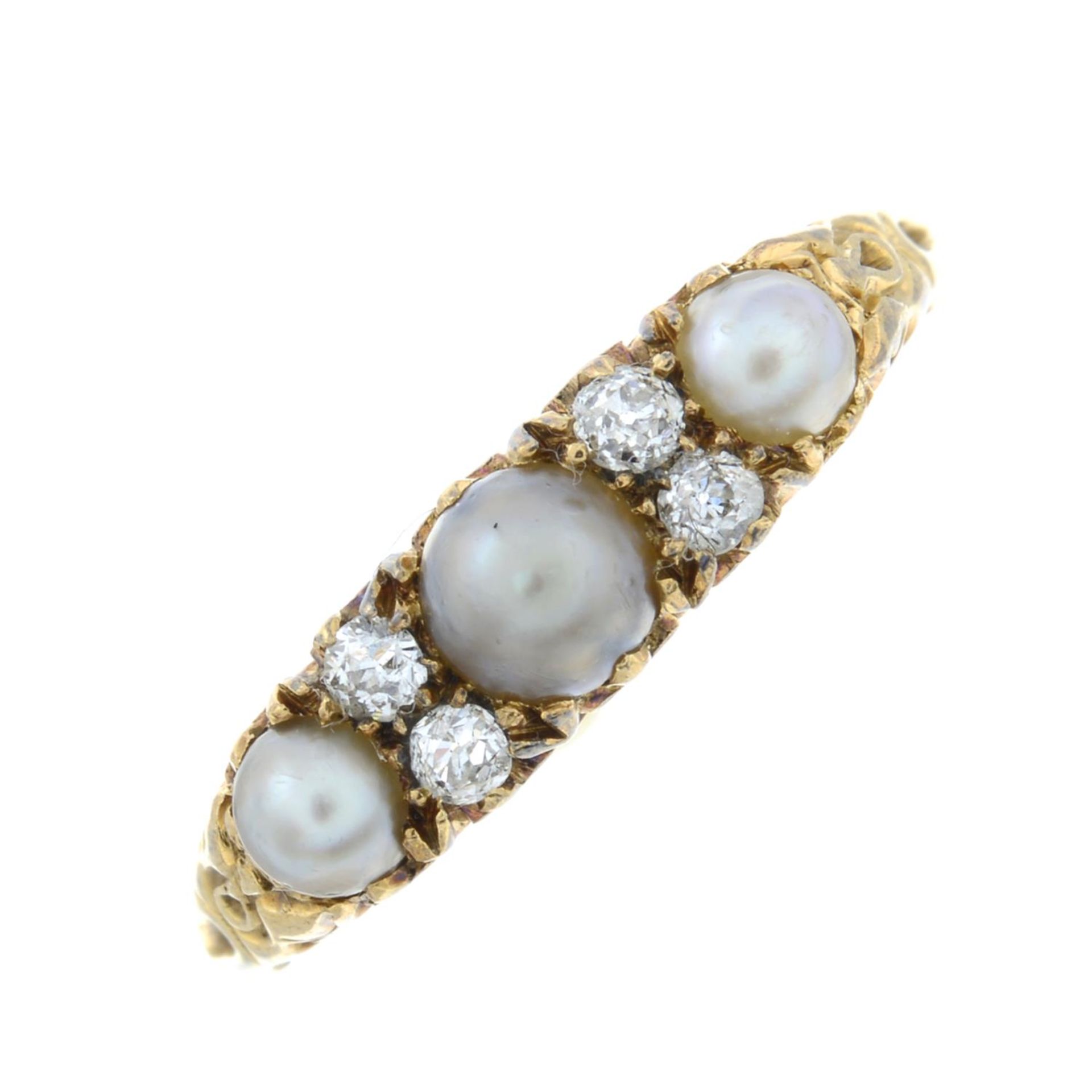 A late 19th century 18ct gold split pearl and old-cut diamond dress ring.Estimated total diamond
