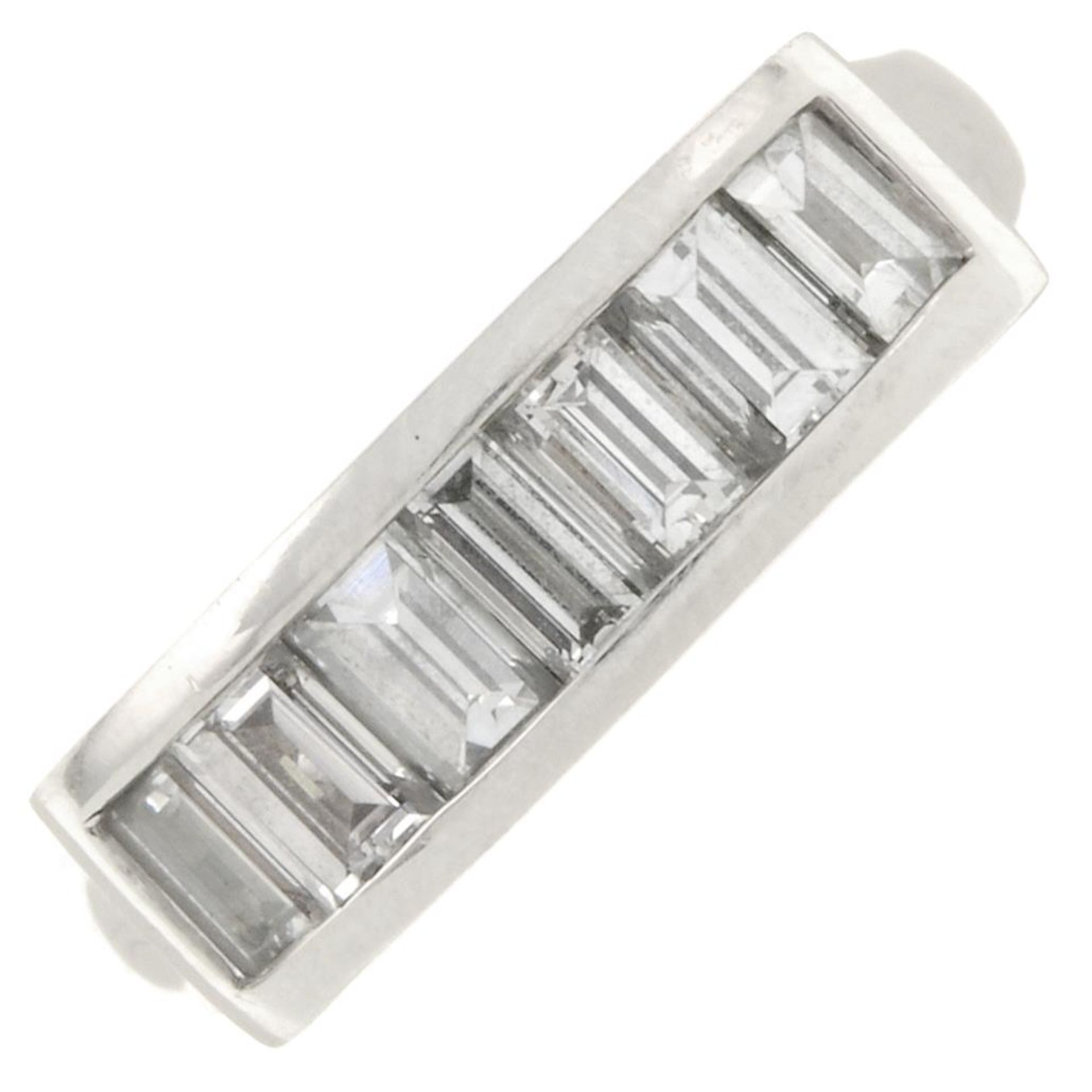 A platinum baguette-cut diamond half eternity ring.Estimated total diamond weight 1.40cts,