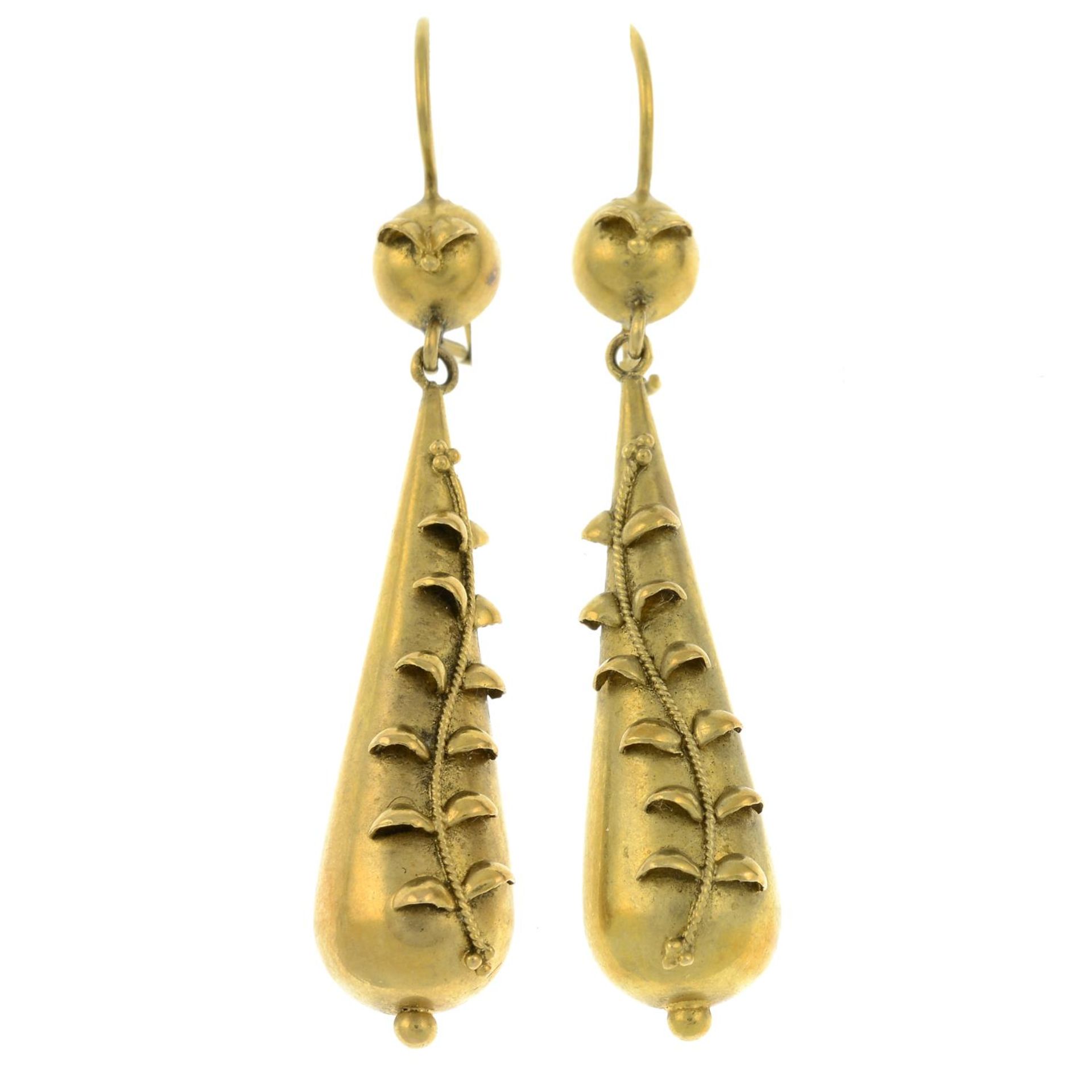 A pair of late 19th century 15ct gold drop earrings.Stamped 15ct.Length 5.1cms.