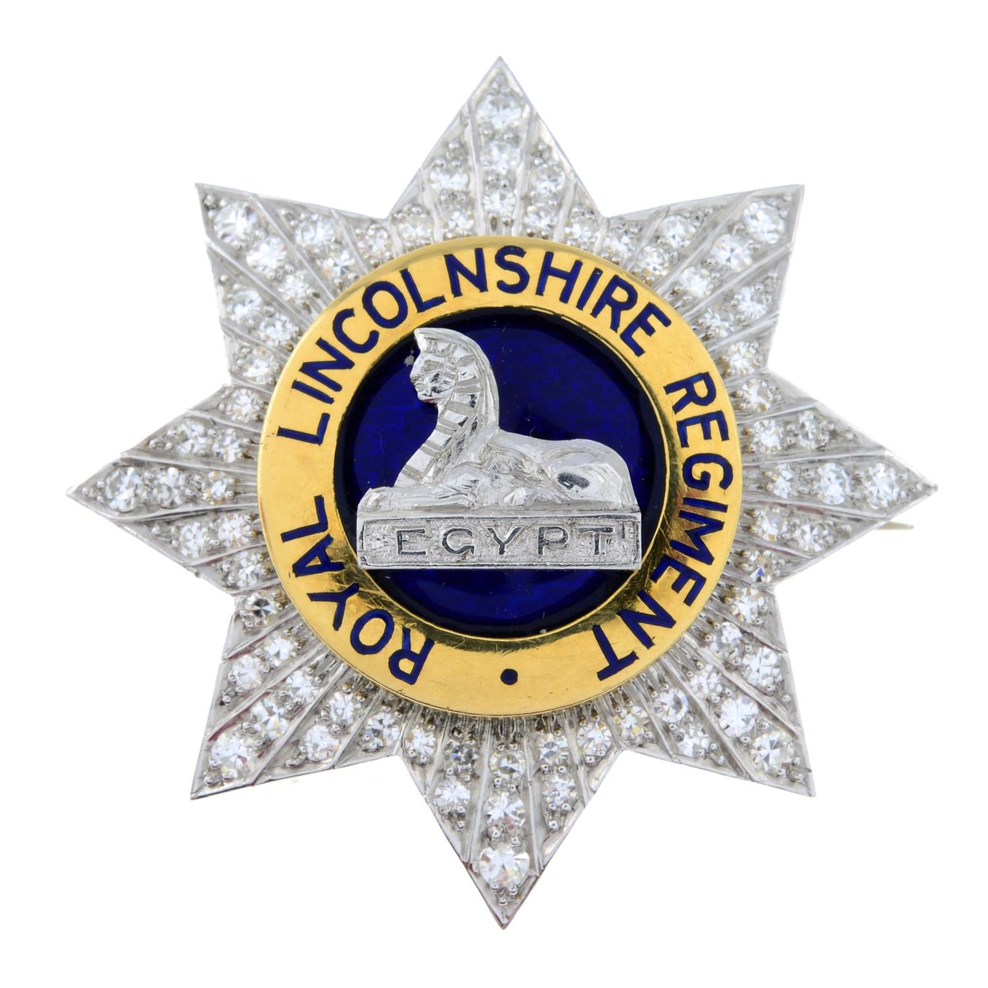 A mid 20th century single-cut diamond and enamel Royal Lincolnshire Regiment brooch.Estimated total