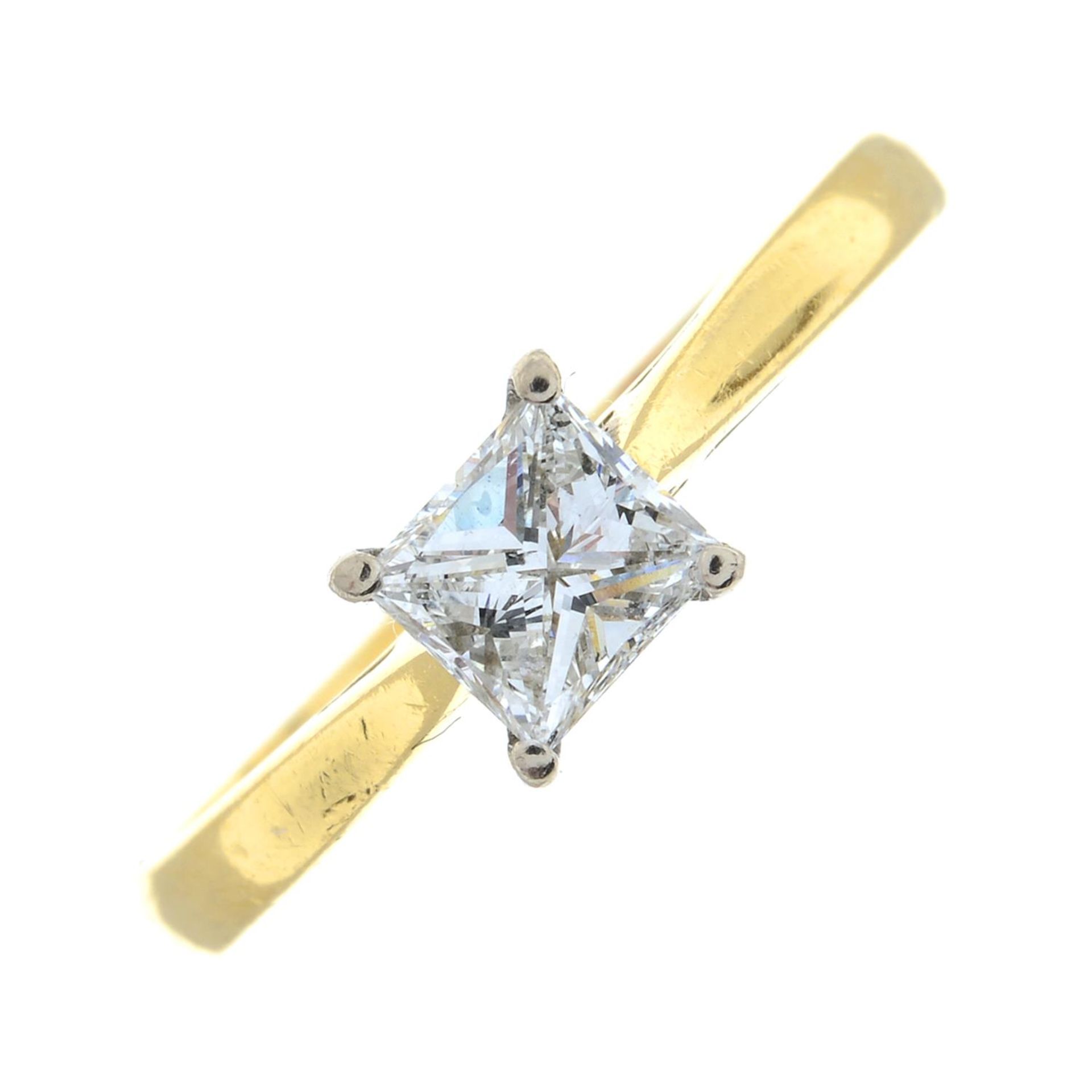 An 18ct gold square-shape diamond single-stone ring.Estimated diamond weight 0.40ct,