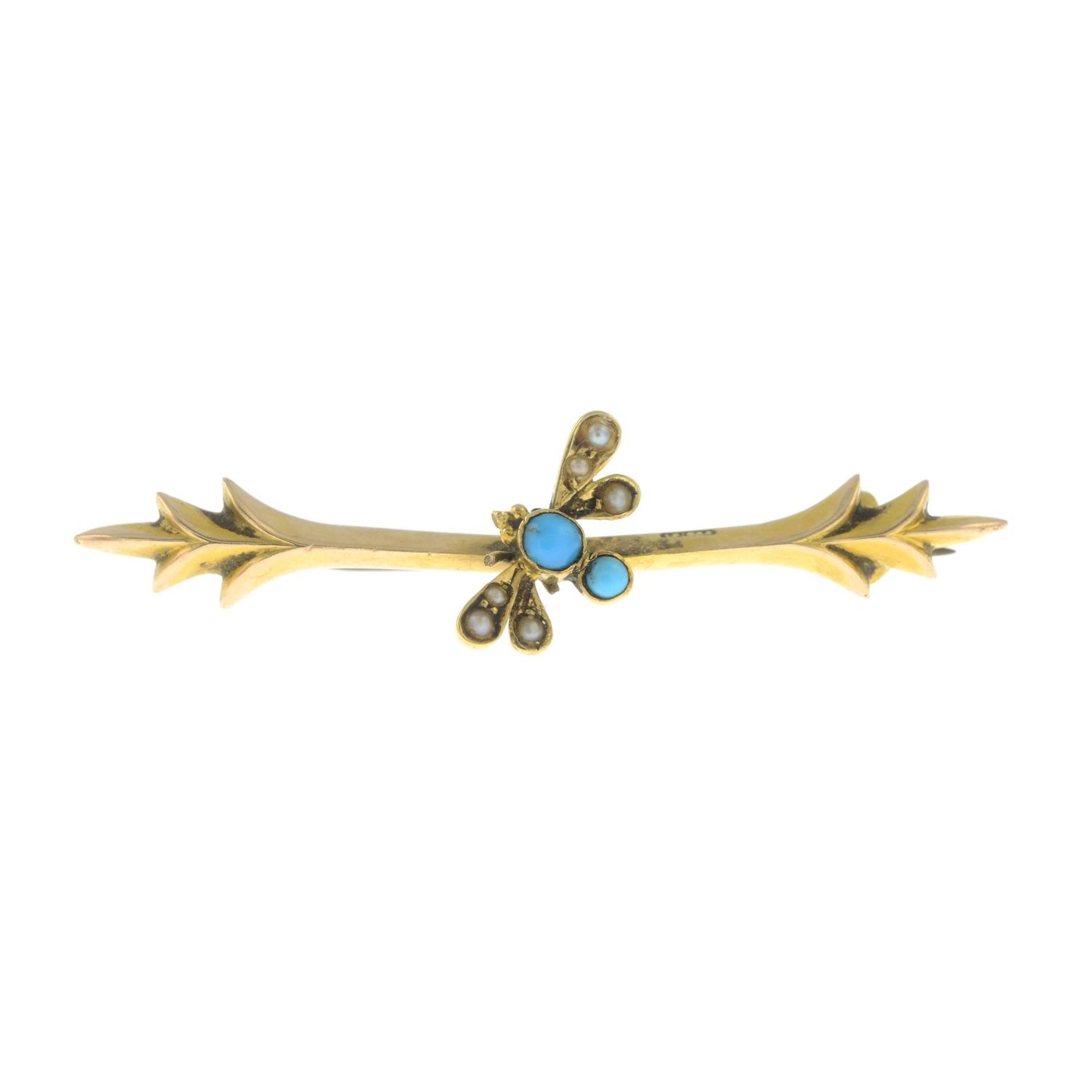 An Edwardian 15ct gold turquoise and split pearl insect bar brooch.Hallmarks for Chester,