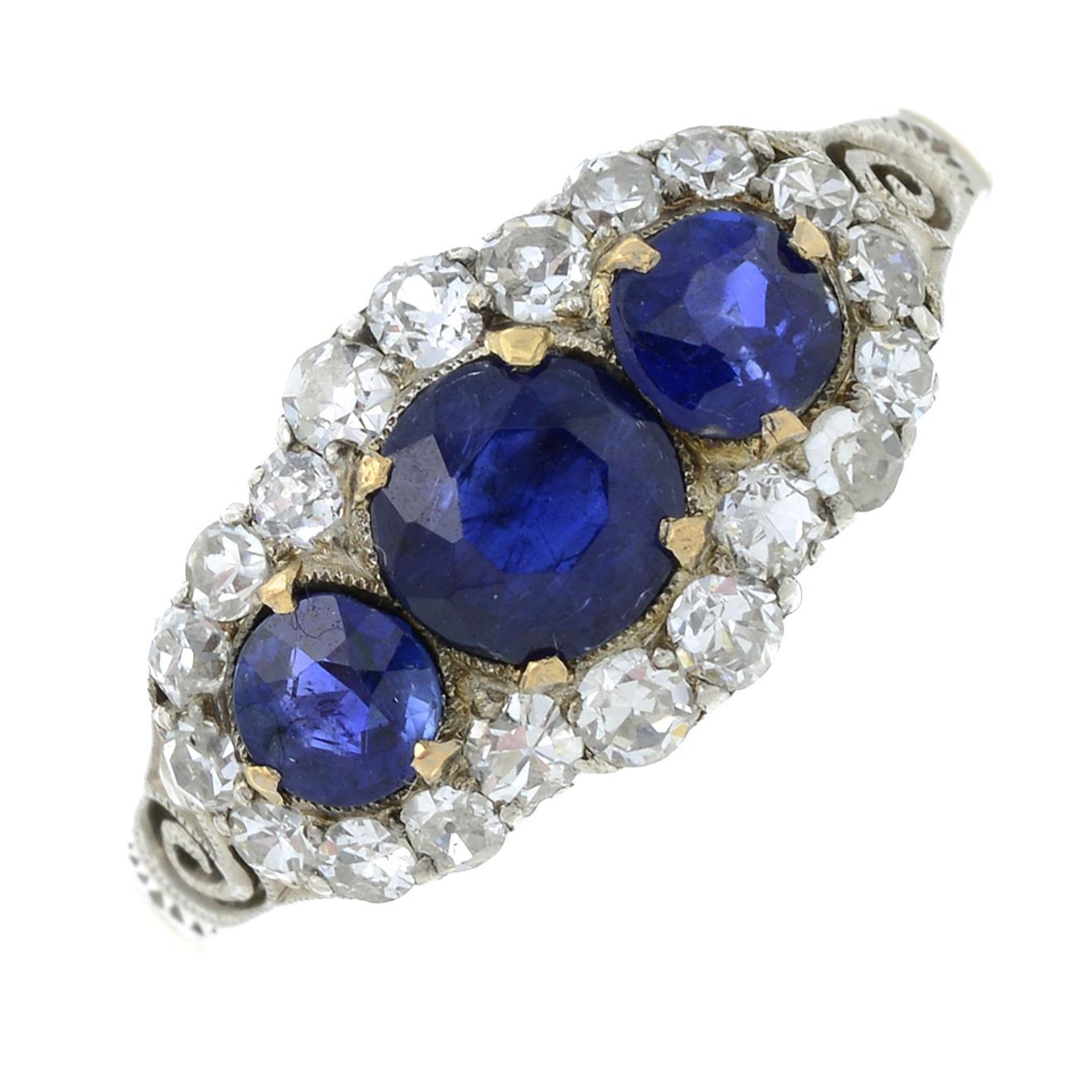 A mid 20th century sapphire and old-cut diamond dress ring.Estimated total diamond weight 0.50ct,