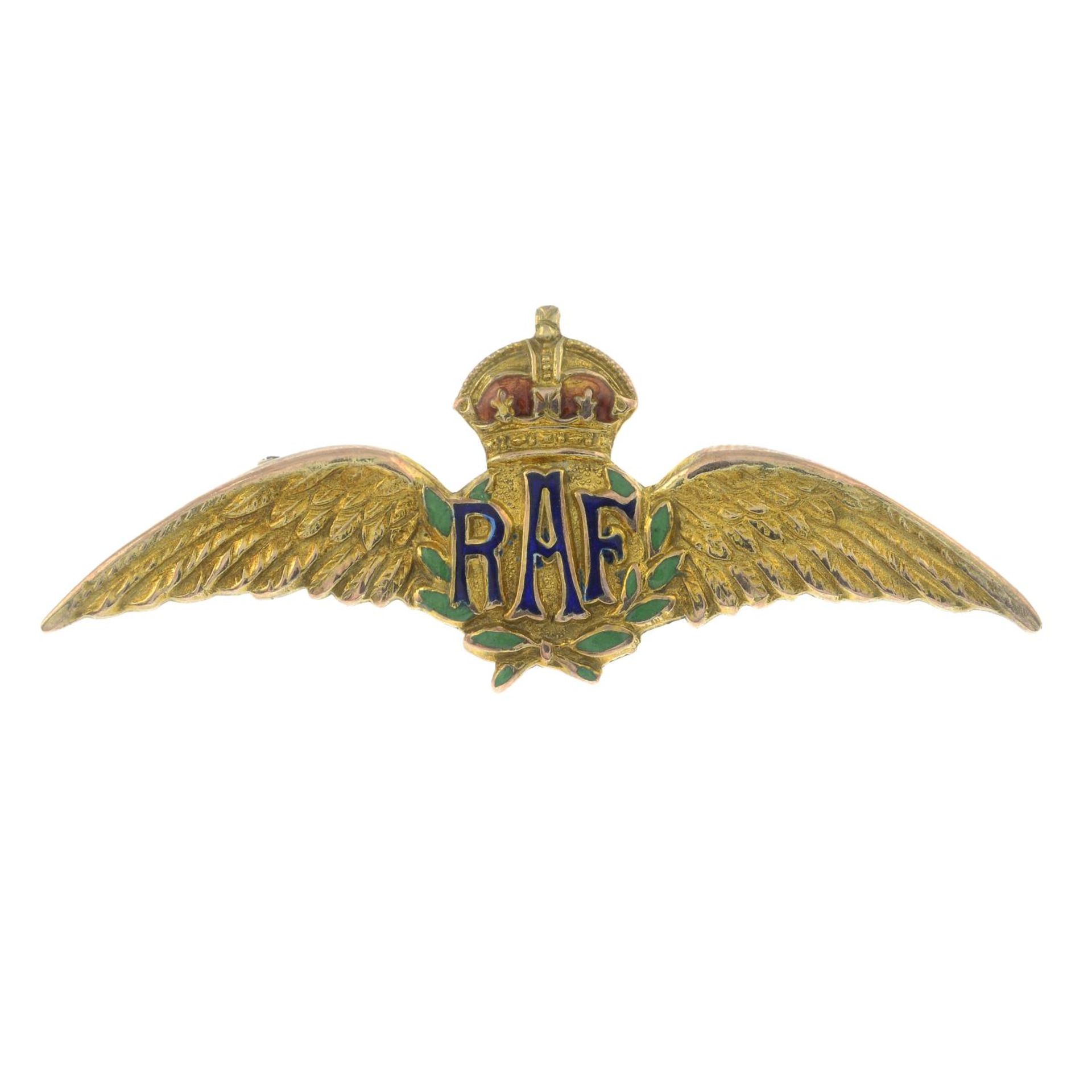 A mid 20th century 9ct gold and enamel RAF brooch.Stamped 9CT.