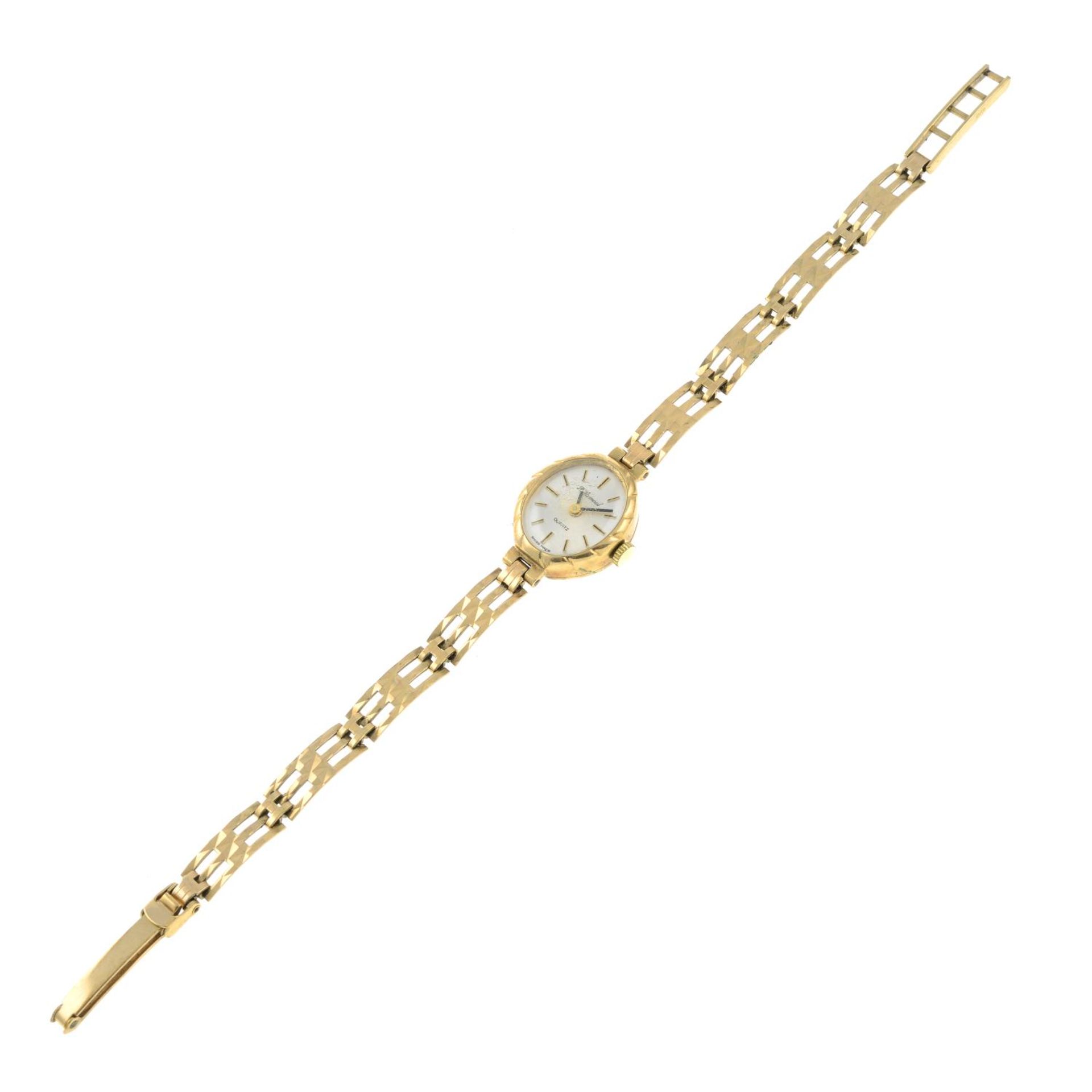 A lady's 9ct gold wrist watch, hallmarks for 9ct gold, length 17.5cms, total weight 10.1gms. - Bild 3 aus 3