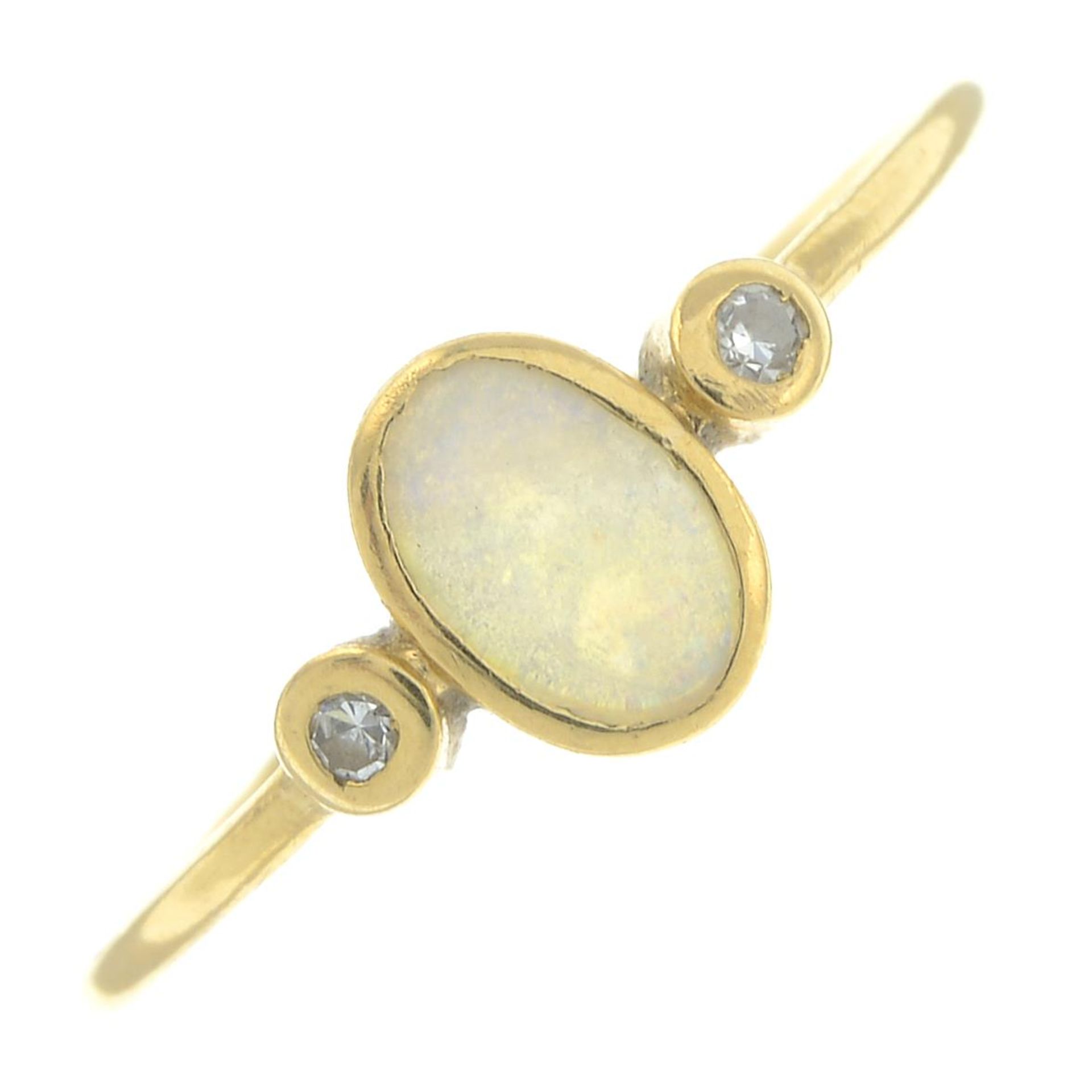 An opal and single-cut diamond three-stone ring.Ring size N.