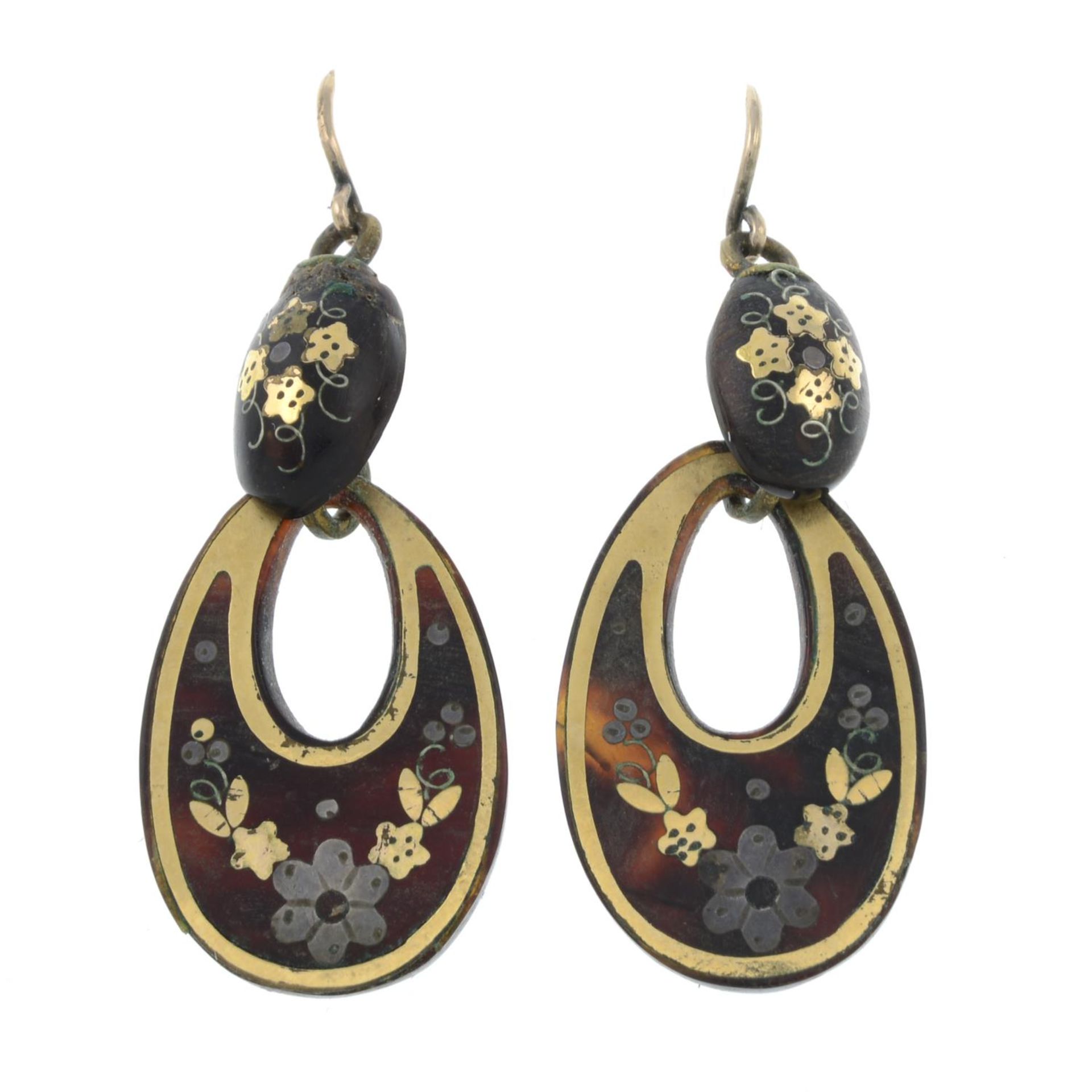 A pair of late Victorian tortoise shell pique drop earrings.