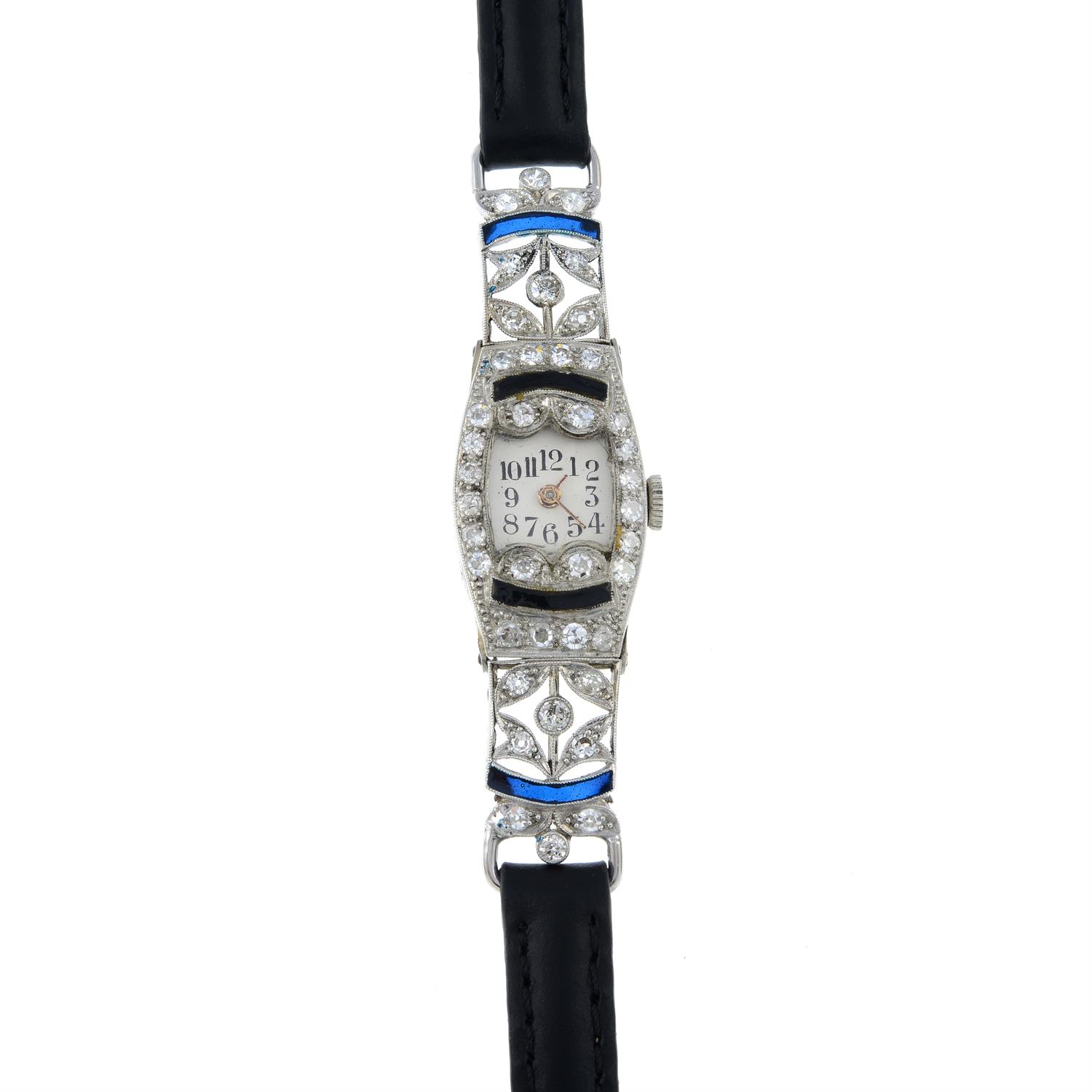 A mid 20th century platinum enamel and diamond cocktail watch, with later leather strap.