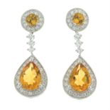 A pair of 18ct gold citrine and diamond earrings, with detachable drop sections.