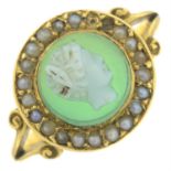 An Edwardian 18ct gold agate cameo and split pearl cluster ring.