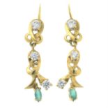 A pair of cubic zirconia and chrysoprase drop earrings.