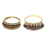 Two 9ct gold garnet and colourless gem rings.