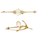 A 9ct gold opal bar brooch together with a 15ct gold opal and diamond brooch of a wishbone.