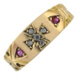 A late Victorian 15ct gold rose-cut diamond and ruby Maltese cross ring.