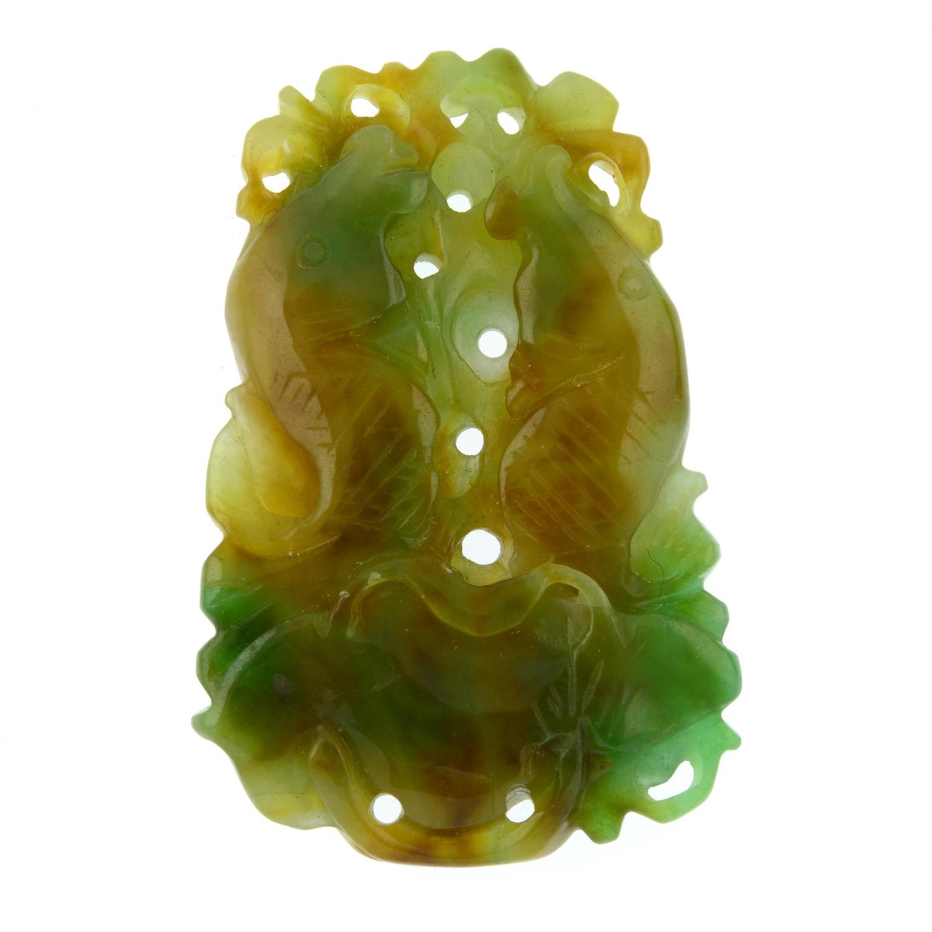 A dyed jade fish carving.