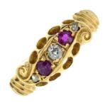 An Edwardian 18ct gold ruby and diamond five-stone ring.