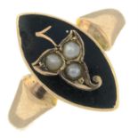 An early 20th century 9ct gold enamel and split pearl ring.