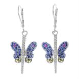 A pair of vari-hue sapphire and diamond butterfly earrings.