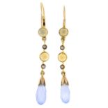 A pair of split pearl, blue and yellow chalcedony drop earrings.