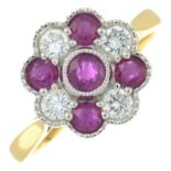 An 18ct gold ruby and diamond floral cluster ring.