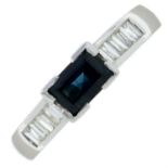A 9ct gold sapphire and baguette-cut diamond ring.