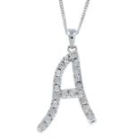 A diamond letter 'A' pendant, with 9ct gold chain.