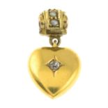 A late Victorian gold old-cut diamond heart pendant, with split pearl surmount loop.