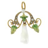 An early 20th century Art Nouveau gold enamel and 'dog tooth' pearl pendant, with seed and split