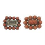 Two early 19th century coral, split pearl and woven hair mourning brooches.