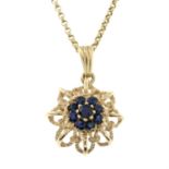 A 9ct gold sapphire pendant, with a 9ct gold chain.