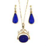 A pair of 9ct gold lapis lazuli drop earrings and a 9ct gold imitation lapis lazuli swivel fob