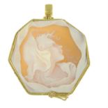 A shell cameo pendant brooch, with diamond accent.