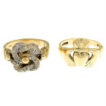 A 9ct gold claddagh ring and a 9ct gold white gem knot ring.