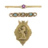 An early 20th century turquoise and split pearl chain bar brooch, a 9ct gold ruby bar brooch and