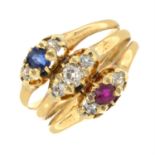 A sapphire, ruby and diamond dress ring.