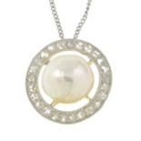 An early 20th century cultured pearl and rose-cut diamond pendant, with chain.