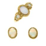 A 9ct gold opal ring and a pair of earrings.