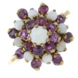 A 1970s 9ct gold opal and ruby cluster ring.