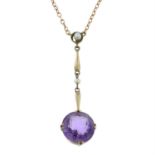 A early 20th century gold amethyst & seed pearl negligee pendant with later chain necklace.
